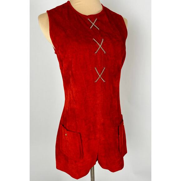 Vintage 60s Mod Go Go Red Orange Suede Romper Playsuit Size Small Medium - Picture 1 of 16
